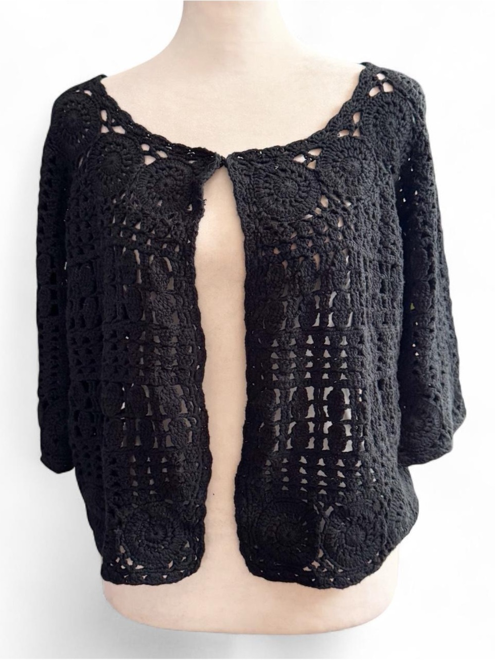 Attitudes by Renee Black Crochet Open-Front Sweater Top – Boho Vintage